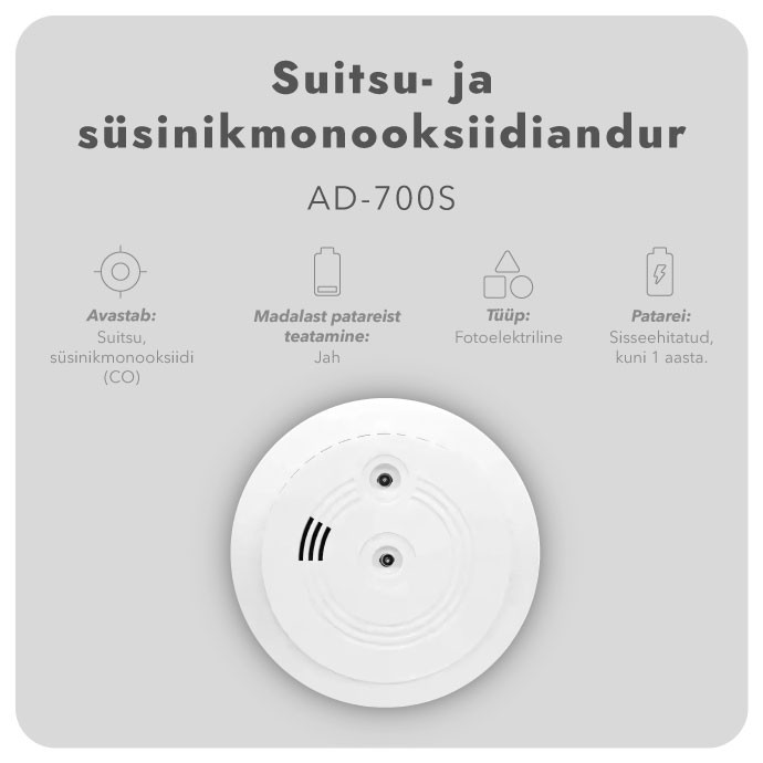 Suitsu- ja süsinikmonooksiidiandur AD-700S, 10 aastase patareiga (4 tk.)