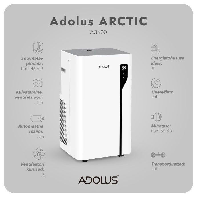 ADOLUS ARCTIC A3600 mobiilne konditsioneer koos aknatihendiga