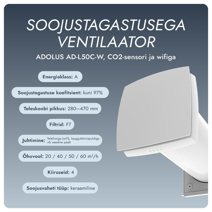Soojustagastusega ventilaator Adolus AD-L50C-W, CO2-sensori ja wifiga