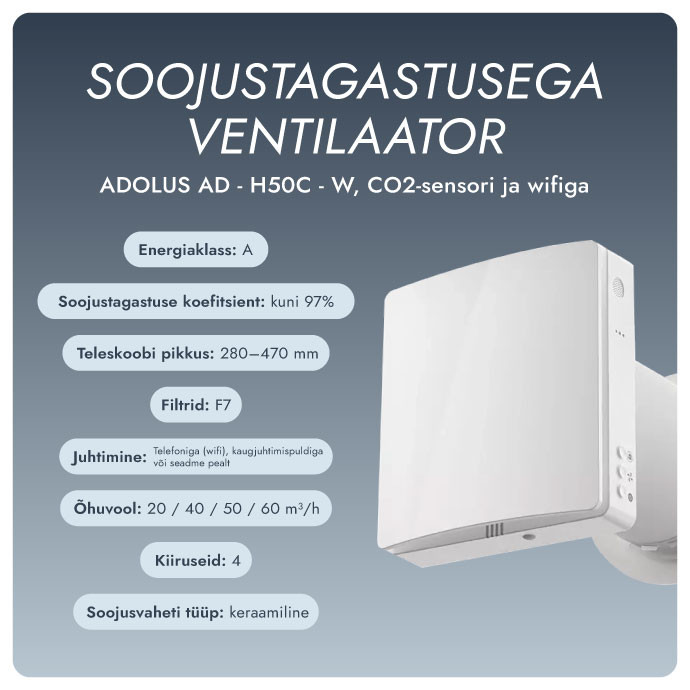 Soojustagastusega ventilaator Adolus AD-H50C-W, CO2-sensori ja wifiga